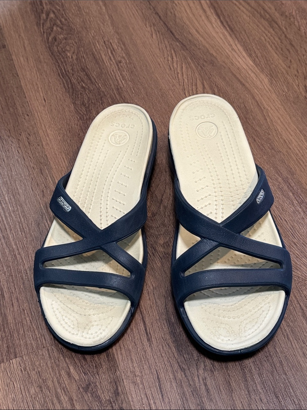 Crocs Women’s Patricia II strappy criss cross slide on navy blue Sandals